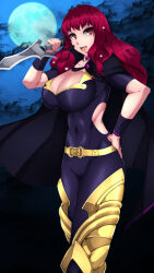 Rule 34 | 1girl, bare shoulders, black cape, blush, bodysuit, breasts, byakkun (byakkun8181), cape, cleavage, clothing cutout, fire emblem, fire emblem engage, hair ornament, highres, knife, large breasts, long hair, looking at viewer, medium breasts, moon, nintendo, open mouth, red eyes, red hair, side cutout, smile, solo, star (symbol), star hair ornament, yunaka (fire emblem)