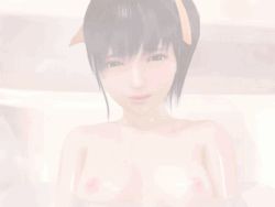 Rule 34 | 1girl, 3d, animated, animated gif, bath, black hair, breasts, brown eyes, brown hair, female focus, hair ribbon, indoors, kenzsoft, lowres, meshi mase misaki!, nipples, nude, partially submerged, qvga, ribbon, sitting, solo, upper body, water, wet