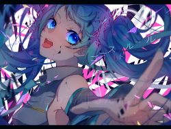 Rule 34 | 1girl, :d, aqua hair, armpits, bare shoulders, blue eyes, blush, breasts, collared shirt, crack, detached sleeves, foreshortening, ghost rule (vocaloid), hatsune miku, highres, letterboxed, long hair, looking at viewer, lyrics, open mouth, outstretched arm, outstretched hand, palms, shirt, small breasts, smile, solo, song name, tongue, twintails, ume neko (otaku-nyanko), upper body, vocaloid