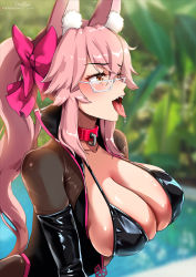 Rule 34 | 1girl, animal collar, animal ears, bikini, black bikini, black bodysuit, blush, bodysuit, bow, breasts, cleavage, collar, collarbone, covered erect nipples, fangs, fate/grand order, fate (series), fox ears, fox girl, foxyreine, glasses, grey-framed eyewear, hair bow, heart, heart-shaped pupils, koyanskaya (assassin) (first ascension) (fate), koyanskaya (fate), large breasts, long hair, open bodysuit, open clothes, open mouth, outdoors, pink bow, pink hair, ponytail, pool, shiny skin, sidelocks, solo, swimsuit, symbol-shaped pupils, tamamo (fate), tongue, tongue out, yellow eyes