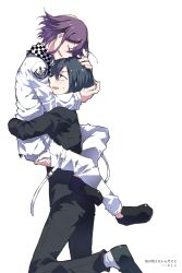 Rule 34 | 2boys, black footwear, black hair, black scarf, blush, carrying, carrying person, checkered clothes, checkered neckwear, checkered scarf, closed eyes, danganronpa (series), danganronpa v3: killing harmony, from side, full body, grey background, happy, head hug, highres, hug, jacket, long sleeves, looking at another, male focus, multiple boys, oma kokichi, open mouth, pants, profile, purple hair, saihara shuichi, scarf, shirt, shoes, short hair, simple background, smile, straitjacket, striped clothes, striped jacket, striped pants, sumika (rrz03), sweatdrop, translation request, white background, white jacket, white pants, white scarf
