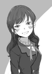 Rule 34 | 1girl, aikatsu! (series), blush, buttons, character request, double-breasted, greyscale, grin, hair down, highres, jacket, long hair, long sleeves, looking at viewer, monochrome, osame, smile, solo
