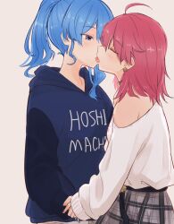 Rule 34 | 2girls, ahoge, alternate costume, blue eyes, blue hair, blue hoodie, blush, closed eyes, clothes writing, commentary, earrings, face-to-face, grey background, grey skirt, half-closed eyes, highres, holding hands, hololive, hood, hood down, hoodie, hoshimachi suisei, jewelry, kiss, long sleeves, looking at another, multiple girls, open mouth, pink hair, plaid, plaid skirt, sakura miko, simple background, single off shoulder, skirt, standing, star (symbol), star earrings, star in eye, sweater, symbol-only commentary, symbol in eye, tsubudashi, virtual youtuber, white sweater, yuri