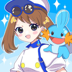 Rule 34 | 1girl, 3656 chan, :d, alternate costume, blue background, blush stickers, brown hair, buttons, commentary request, creatures (company), game freak, gen 3 pokemon, happy, hat, highres, jacket, may (pokemon), mudkip, nintendo, on shoulder, open mouth, outline, pokemon, pokemon (creature), pokemon on shoulder, pokemon rse, round eyewear, short sleeves, smile, sparkle, sunglasses, upper body, white headwear, white jacket