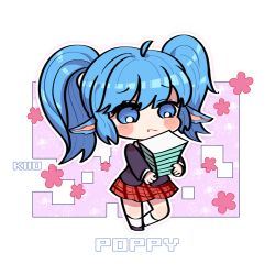 Rule 34 | 1girl, alternate hair color, alternate hairstyle, blue eyes, blue hair, fang, league of legends, long hair, magical girl, matching hair/eyes, paper, pointy ears, poppy (league of legends), school uniform, skirt, solo, star guardian (league of legends), star guardian poppy, twintails, yordle