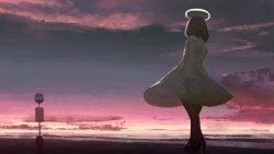 Rule 34 | 1girl, brown hair, cloud, commentary request, daruma karei, dress, from behind, full body, halo, high heels, horizon, long sleeves, medium hair, original, road sign, scenery, sign, sky, solo, standing, sunset, white dress