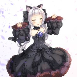 Rule 34 | 1girl, absurdres, animal ear fluff, animal ears, arms up, bare shoulders, black dress, black sleeves, blunt bangs, blush, bow, brooch, cat ears, cat girl, cat tail, center frills, choker, claw pose, collarbone, cowboy shot, criss-cross halter, detached sleeves, dress, dress bow, flat chest, frilled choker, frilled dress, frilled ribbon, frills, gothic lolita, hair ribbon, halter dress, halterneck, highres, hololive, huge filesize, ijac ray, jewelry, juliet sleeves, layered dress, lolita fashion, long hair, long sleeves, looking at viewer, murasaki shion, murasaki shion (gothic lolita), open mouth, petals, pinstripe dress, pinstripe pattern, puffy sleeves, ribbon, short eyebrows, silver hair, sleeveless, sleeveless dress, smile, solo, star (symbol), striped, tail, tail bow, tail ornament, twintails, v-shaped eyebrows, virtual youtuber, w arms, wide sleeves, yellow eyes