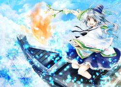 Rule 34 | 1girl, :d, boat, branch, female focus, fire, grey eyes, hat, hat ribbon, highres, long sleeves, looking at viewer, makuwauri, mononobe no futo, nib pen (medium), open mouth, outstretched arm, outstretched hand, ponytail, ribbon, shirt, silver hair, skirt, smile, solo, tate eboshi, touhou, traditional media, twig, water, watercraft, wide sleeves