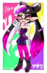 Rule 34 | 1girl, :d, bad id, bad pixiv id, black hair, callie (splatoon), character name, copyright name, detached collar, earrings, fangs, food, food on head, full body, gloves, hair rings, inkling, jewelry, long hair, mole, mole under eye, nintendo, object on head, open-mail, open mouth, paint, paint splatter, pantyhose, pointy ears, purple pantyhose, simple background, smile, solo, splatoon (series), splatoon 1, standing, sushi, tentacle hair, twitter username, unitard, white gloves, yellow eyes