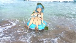 Rule 34 | 1girl, ^ ^, bare arms, beach, bikini, blue hair, blush, breasts, closed eyes, closed mouth, collarbone, commentary request, cucumber, day, eating, flanvia, flat cap, food, food on face, green hat, hair bobbles, hair ornament, hand up, hat, highres, holding, innertube, kawashiro nitori, medium breasts, ocean, outdoors, photo background, short hair, short twintails, sidelocks, slippers, solo, swim ring, swimsuit, touhou, twintails, water, waves, wavy mouth, white bikini