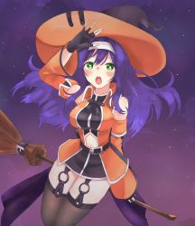 Rule 34 | + +, 1girl, bare shoulders, belt, black gloves, black thighhighs, blush, breasts, broom, broom riding, clothing cutout, detached sleeves, fingerless gloves, fire emblem, fire emblem: path of radiance, fire emblem heroes, garter straps, gloves, green eyes, hairband, halloween costume, hat, headband, highres, long hair, looking at viewer, medium breasts, mia (fire emblem), navel cutout, night, night sky, nintendo, open mouth, papapa36, purple hair, sky, solo, star (sky), thighhighs, white headband, witch hat