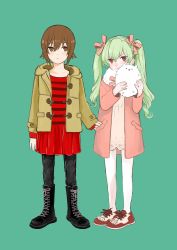 Rule 34 | 2girls, absurdres, aged down, anchovy (girls und panzer), animal, banira (oocooocooocoo), black footwear, black legwear, blush, boots, brown coat, brown eyes, brown hair, casual, closed mouth, coat, collar, commentary, cross-laced footwear, dog, dress, drill hair, fur-trimmed coat, fur trim, girls und panzer, green background, green hair, hair ribbon, hand in another&#039;s pocket, highres, holding, holding animal, hood, hooded coat, light frown, long hair, long sleeves, looking at viewer, medium dress, multiple girls, nishizumi maho, open clothes, open coat, pantyhose, pink collar, pink dress, pink ribbon, pomeranian (dog), red dress, red eyes, red footwear, ribbon, shoes, short hair, simple background, smile, standing, striped clothes, striped dress, toggles, twin drills, twintails, white legwear