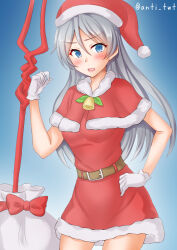 Rule 34 | 1girl, anti (untea9), belt, blue background, blue eyes, blush, breasts, capelet, christmas, dress, fur-trimmed capelet, fur-trimmed dress, fur-trimmed headwear, fur trim, gloves, gradient background, grey hair, hat, highres, javelin (kancolle), kantai collection, lance of longinus (evangelion), long hair, looking at viewer, medium breasts, merry christmas, red capelet, red dress, red hat, sack, santa costume, santa dress, santa hat, short dress, smile, solo, twitter username, white gloves