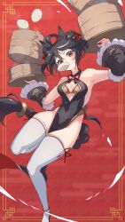 Rule 34 | 1girl, absurdres, ahoge, alternate costume, animal ears, armpits, bamboo steamer, baozi, bare shoulders, black dress, black hair, blush, bra, braided tail, breasts, china dress, chinese clothes, cleavage cutout, clothing cutout, commentary request, dress, egasumi, food, food in mouth, hair bun, highres, holding, holding tray, horse ears, horse girl, horse tail, kitasan black (umamusume), looking at viewer, medium breasts, mouth hold, multicolored hair, orange bra, pelvic curtain, red background, red eyes, sideless outfit, simple background, single hair bun, streaked hair, tail, thighhighs, tray, umamusume, underwear, white hair, white thighhighs, yakousei a