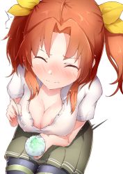 Rule 34 | 10s, 1girl, black pantyhose, blush, boruhis, bow, brain freeze, breasts, buttons, cleavage, closed eyes, closed mouth, collared shirt, covered erect nipples, downblouse, eating, food, from above, frown, green skirt, hair bow, holding, holding food, kagerou (kancolle), kantai collection, large breasts, motion lines, nose blush, orange hair, pantyhose, parted bangs, pleated skirt, shaved ice, shirt, short twintails, sitting, skirt, solo, spoon, surprised, sweatdrop, thigh strap, trembling, twintails, unbuttoned, unbuttoned shirt, white shirt, wince, wing collar, yellow bow