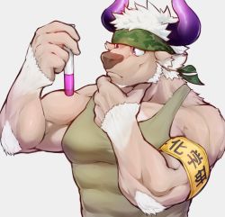 Rule 34 | 1boy, absurdres, animal ears, armband, bara, bare shoulders, brown fur, chest hair, covered abs, cow ears, cow horns, delta3814, facial hair, furry, furry male, goatee, green tank top, hand on own chin, headband, highres, horns, male focus, mature male, minotaur, muscular, muscular male, pectoral cleavage, pectorals, purple eyes, purple horns, shennong (housamo), short hair, sideburns, sidepec, sleeveless, solo, tank top, test tube, thinking, tokyo houkago summoners, upper body, white hair