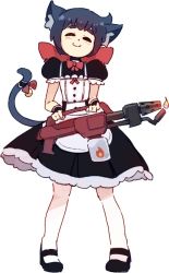 Rule 34 | 1girl, 2020, ^ ^, animal ear fluff, animal ears, bell, black dress, black footwear, black hair, black tail, bow, cat ears, cat girl, cat tail, closed eyes, closed mouth, constanze amalie von braunschbank-albrechtsberger, dress, fire, flamethrower, holding, holding flamethrower, holding weapon, kemonomimi mode, little witch academia, maid, pantyhose, red bow, rtil, shoes, short hair, simple background, smile, solo, tail, tail bell, tail bow, tail ornament, weapon, white background, white pantyhose