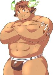 Rule 34 | 1boy, abs, american football, animal ears, bara, brown hair, brown male underwear, cowboy shot, crossed arms, facial hair, fiery horns, glowing horns, horns, large pectorals, looking at viewer, male focus, male underwear, manly, muscular, pectorals, rugby, short hair, sho~bu, smile, solo, thick eyebrows, thick thighs, thighs, tokyo houkago summoners, topless male, underwear, upper body, wakan tanka