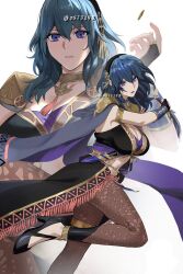 1girl blue_eyes breasts byleth_(female)_(fire_emblem) byleth_(female)_(jehanna)_(fire_emblem) byleth_(fire_emblem) cleavage dagger fire_emblem fire_emblem:_three_houses highres holding holding_dagger holding_knife holding_weapon knife medium_hair nintendo official_alternate_costume pantyhose ushiomi weapon