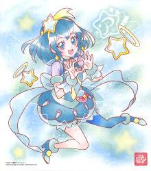 Rule 34 | 1girl, :d, arm strap, back bow, blue bow, blue choker, blue eyes, blue footwear, blue hair, blue legwear, blue shorts, bow, bracelet, choker, collarbone, cure milky, earrings, floating hair, full body, hagoromo lala, hair ornament, hairband, heart, heart hands, high heels, highres, jewelry, long hair, looking at viewer, official art, open mouth, precure, puffy shorts, shorts, single leg pantyhose, smile, solo, star (symbol), star earrings, star hair ornament, star twinkle precure, yellow hairband