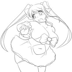 Rule 34 | 13988, 1girl, bare shoulders, belly, blush, breasts, character request, cleavage, dress, elbow gloves, embarrassed, gloves, greyscale, hair ribbon, huge breasts, looking back, magical girl, monochrome, navel, open mouth, original, plump, ribbon, short dress, sketch, solo, standing, strapless, strapless dress, thick thighs, thighhighs, thighs, twintails