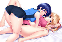 Rule 34 | 2girls, all fours, arms behind head, ass, bare shoulders, barefoot, black shorts, blonde hair, blue eyes, blue hair, blush, bra, bra peek, breasts, clothes lift, huyumitsu, long hair, looking at viewer, looking back, lying, medium breasts, multiple girls, on back, original, panties, panty peek, partially visible vulva, pink shirt, pink shorts, ponytail, purple eyes, shirt, shirt lift, short hair, shorts, smile, spread legs, take your pick, thighs, top-down bottom-up, track and field, underwear