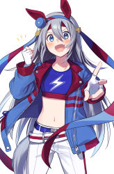 Rule 34 | 1girl, animal ears, belt, belt buckle, blue eyes, blue jacket, blush, buckle, clenched hand, commentary request, cowboy shot, earrings, eyes visible through hair, fang, fingerless gloves, fuji fujino, gloves, grey hair, grey tail, hair between eyes, hair ornament, hair ribbon, head tilt, headband, highres, horse ears, horse girl, horse tail, jacket, jewelry, lightning bolt symbol, long hair, long sleeves, looking at viewer, midriff, multiple belts, notice lines, open mouth, outstretched arm, pants, ribbon, simple background, skin fang, smile, solo, standing, striped clothes, striped jacket, tail, tamamo cross (umamusume), umamusume, v, white background, white gloves, white pants, zipper