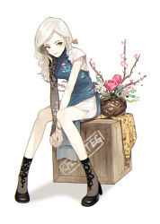 Rule 34 | 1girl, asymmetrical sleeves, black footwear, black socks, chinese clothes, crate, earrings, flower, full body, jewelry, long hair, long sleeves, looking at viewer, mgg (x arte), mismatched sleeves, original, own hands together, pale skin, parted lips, plant, potted plant, shoes, simple background, sitting, socks, solo, v arms, white background, white hair
