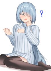 1boy :d ? absurdres alternate_costume black_thighhighs blue_eyes blue_hair blush casual cleavage_cutout clothing_cutout contemporary crossdressing dress fubuki_(nige_jouzu_no_wakagimi) full_body grey_sweater hair_over_one_eye hands_up highres light_blue_hair long_hair long_sleeves looking_to_the_side low_ponytail male_focus nige_jouzu_no_wakagimi no_shoes one_eye_covered open_mouth pome_56 raised_eyebrows shadow simple_background sitting smile solo sweatdrop sweater sweater_dress thighhighs turtleneck turtleneck_sweater very_long_hair wariza white_background wolf_cut zettai_ryouiki