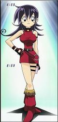 Rule 34 | 1girl, black hair, boots, breasts, duel masters, fingerless gloves, hand on own hip, large breasts, long hair, red dress, screencap, sleeveless, smile, solo, stitched, tasogare mimi, thigh holster, third-party edit
