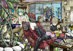 Rule 34 | 00s, 10s, 2boys, :t, against glass, aqua eyes, aqua hair, archeops, armlet, bare shoulders, berry (pokemon), blonde hair, blue hair, book, book stack, bottle, broom, brown pants, cabinet, calendar (object), celebi, cleaning, closed eyes, closed mouth, coffee mug, collarbone, colored sclera, colored skin, couch, creatures (company), cup, eating, espeon, faucet, food, frying pan, game freak, gen 2 pokemon, gen 5 pokemon, ghetsis (pokemon), highres, holding, holding food, indoors, knee pads, leaf, legendary pokemon, long hair, looking at viewer, low ponytail, lying, male focus, mug, multiple boys, mythical pokemon, n (pokemon), newspaper, nintendo, on back, on couch, one-eyed, open fly, pants, plant, plate, pokemon, pokemon (creature), pokemon bw, pokemon colosseum, potted plant, reading, red eyes, reshiram, rock, sandwich, shelf, sitting, sleeping, standing, table, toothbrush, topless male, towel, towel around neck, tympole, umbreon, vanilluxe, victini, wes (pokemon), when you see it, white skin, window, yawning, yellow eyes, yellow sclera, zoroark