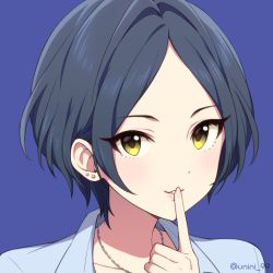 Rule 34 | 1girl, agata (agatha), bad id, bad pixiv id, blue background, blue hair, collarbone, dark blue hair, earrings, eyelashes, finger to mouth, hayami kanade, idolmaster, idolmaster cinderella girls, index finger raised, jewelry, looking at viewer, nail polish, necklace, parted bangs, parted lips, pink nails, portrait, short hair, simple background, solo, stud earrings, yellow eyes