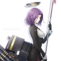 Rule 34 | 10s, 1girl, copyright name, glaive (polearm), gloves, halo, highres, kantai collection, looking at viewer, mecha musume, mechanical halo, misawa kei, personification, polearm, purple eyes, purple hair, school uniform, short hair, simple background, smile, solo, spear, tatsuta (kancolle), weapon