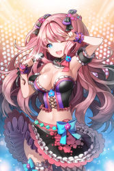 Rule 34 | 1girl, ;d, aile (crossroads), armpits, blue eyes, breasts, cleavage, corset, flower, hair intakes, hair ornament, large breasts, long hair, microphone, midriff, navel, one eye closed, open mouth, original, pink hair, shiny skin, skirt, smile, solo, sword girls, v, wink