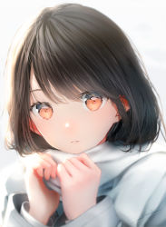 Rule 34 | 1girl, bad id, bad pixiv id, black hair, blurry, blurry foreground, commentary, enpera, expressionless, eyebrows hidden by hair, hands up, highres, lipgloss, long sleeves, looking at viewer, medium hair, ojay tkym, orange eyes, original, own hands together, parted lips, portrait, scarf, shirt, signature, solo, swept bangs, white background, white scarf, white shirt, wide sleeves