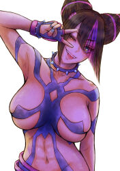 Rule 34 | 1girl, abs, black hair, bracelet, breasts, capcom, collar, delarocha82, fingerless gloves, gloves, highres, jewelry, large breasts, mma gloves, multicolored hair, nail polish, purple hair, smile, spiked bracelet, spiked collar, spikes, street fighter, street fighter 6, two-tone hair