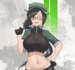 Rule 34 | 1girl, ;d, black-framed eyewear, black gloves, black hair, black shirt, blush, breasts, brown eyes, cigar, covered collarbone, crop top, cropped jacket, glasses, gloves, green background, green hat, green jacket, grey background, hand on own hip, hat, highres, holding, holding cigar, impossible clothes, impossible shirt, jacket, large breasts, long hair, looking at viewer, miso (b7669726), navel, one eye closed, open clothes, open jacket, open mouth, original, ponytail, shirt, short sleeves, smile, solo, stomach, teeth, upper body, upper teeth only, very long hair