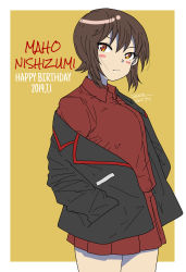 Rule 34 | 1girl, absurdres, artist name, black jacket, blush stickers, brown background, brown eyes, brown hair, character name, closed mouth, commentary, cowboy shot, dated, dress shirt, english text, frown, girls und panzer, hands in pockets, happy birthday, highres, jacket, kuromorimine military uniform, long sleeves, looking at viewer, military, military uniform, miniskirt, nishizumi maho, off shoulder, open clothes, open jacket, outside border, pleated skirt, red shirt, red skirt, shirt, short hair, simple background, skirt, solo, standing, undressing, uniform, wing collar, zono (inokura syuzo029)