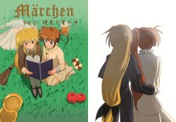 Rule 34 | 2girls, absurdres, aged down, aged up, alternate costume, apple, black ribbon, blonde hair, broom, brown hair, comiket 88, couple, drink, fate testarossa, food, fruit, grass, hair ribbon, happy, highres, jink, long hair, lyrical nanoha, maerchen (sound horizon), mahou shoujo lyrical nanoha, mahou shoujo lyrical nanoha strikers, multiple girls, open mouth, plate, purple eyes, red eyes, ribbon, short twintails, side ponytail, simple background, sitting, smile, sound horizon, takamachi nanoha, twintails, very long hair, white background, white ribbon, witch, yuri