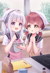 Rule 34 | 2girls, apron, bag, black skirt, bowl, brown apron, brown eyes, brown hair, classroom, cooking, cutting board, hands on own chest, hat, highres, holding, home economics, indoors, long hair, low twintails, multiple girls, open mouth, original, paper bag, pink apron, pink eyes, ponytail, school uniform, scrunchie, serafuku, setmen, shirt, short twintails, silver hair, skirt, smile, stove, twintails, upper body, whisk, white headwear, white shirt, window