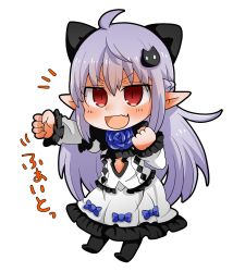 Rule 34 | 1girl, :d, ahoge, black bow, black pantyhose, blue bow, blue flower, blue rose, blush, bow, braid, cat hair ornament, clenched hands, elf, fang, flower, frilled shirt, frilled skirt, frills, grey hair, gurageida, hair between eyes, hair bow, hair ornament, highres, layered sleeves, long hair, long sleeves, no shoes, notice lines, open mouth, original, outstretched arm, pantyhose, pointy ears, puffy short sleeves, puffy sleeves, red eyes, rose, shirt, short over long sleeves, short sleeves, simple background, skirt, slit pupils, smile, solo, translation request, v-shaped eyebrows, very long hair, white background, white shirt, white skirt