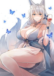 Rule 34 | 1girl, alcohol, animal ear fluff, animal ears, ass, azur lane, blue butterfly, blue collar, blue dress, blue eyes, breasts, bug, butterfly, center opening, cleavage, cocktail dress, collar, cup, dress, drinking glass, evening gown, feather boa, feet out of frame, fox ears, halter dress, halterneck, holding, holding cup, insect, kitsune, kyuubi, large breasts, large tail, looking at viewer, multiple tails, official alternate costume, sea nami, shinano (azur lane), shinano (dreams of the hazy moon) (azur lane), simple background, sitting, solo, tail, white background, white hair, white tail, wine, wine glass, wrist flower