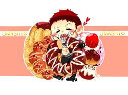 Rule 34 | 1boy, = =, abs, bad id, bad pixiv id, bare pectorals, belt buckle, boots, brown hair, buckle, cake, charlotte katakuri, chibi, cowboy boots, daifuku (pixiv), doughnut, eating, closed eyes, food, fruit, full body, gloves, happy, heart, highres, male focus, one piece, open clothes, open vest, pants, pectorals, scarf, sharp teeth, short hair, solo, spikes, spoilers, spurs, stitches, strawberry, teeth, vest