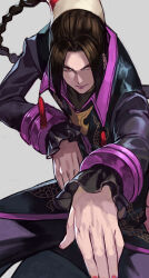 Rule 34 | 1girl, black jacket, braid, brown hair, closed mouth, duo lon, fighting stance, fingernails, grey hair, highres, hungry clicker, jacket, long hair, long sleeves, looking at viewer, nail polish, parted bangs, red eyes, red nails, serious, simple background, solo, the king of fighters, the king of fighters 2003