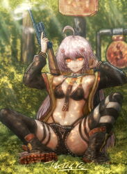 Rule 34 | 1girl, ahoge, asymmetrical legwear, bikini, black bikini, black shorts, black thighhighs, boots, breasts, c96 (girls&#039; frontline), c96 (mod3) (girls&#039; frontline), commentary, dappled sunlight, detached collar, english commentary, eyewear around neck, full body, girls&#039; frontline, grass, grin, gun, hair ornament, handgun, highleg, highleg bikini, highres, holding, holding gun, holding weapon, jacket, jhands onpc, long hair, looking at viewer, mauser c96, mismatched legwear, navel, necktie, open clothes, open jacket, outdoors, safety glasses, short hair, shorts, shoulder stock, sitting, small breasts, smile, solo, spread legs, striped clothes, striped thighhighs, sunlight, swimsuit, thighhighs, weapon