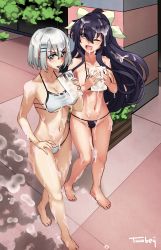 Rule 34 | 2girls, absurdres, angry, barefoot, breasts, bukkake, cum, cum in container, cum on body, cum on breasts, cum on hair, cum on legs, cum on upper body, date a live, facial, female focus, gokkun, grey eyes, highres, long hair, looking at viewer, medium breasts, medium hair, multiple girls, navel, open mouth, outdoors, partially undressed, public indecency, purple eyes, purple hair, silver hair, smile, straw, tobiichi origami, twobey, yatogami tooka
