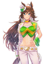 Rule 34 | 1girl, absurdres, ahoge, animal ears, arm belt, bandeau, blouse, blue eyes, breasts, brown hair, choker, collarbone, commentary, cowboy shot, cropped jacket, floating hair, green bandeau, green shirt, groin, hair between eyes, hair ornament, hairclip, hand on own hip, hat, highres, horse ears, horse girl, horse tail, jacket, long hair, long sleeves, looking at viewer, medium breasts, midriff, mini hat, mini top hat, mr. c.b. (umamusume), navel, open clothes, open jacket, pants, parted lips, saito ae, shirt, sidelocks, simple background, single bare shoulder, single sleeve, sleeve cuffs, smile, solo, standing, tail, top hat, umamusume, white background, white hat, white jacket, white pants, yellow choker