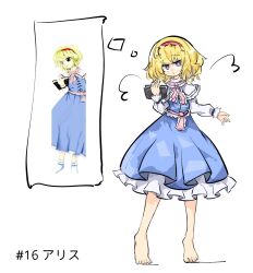 Rule 34 | 1girl, alice margatroid, ascot, barefoot, blonde hair, blue dress, blue eyes, book, closed mouth, collar, dress, fangs, frilled collar, frilled dress, frills, full body, hairband, highres, holding, holding book, light blush, looking at viewer, primsla, red ascot, red hairband, reference inset, simple background, solo, speech bubble, touhou, white background, white collar, zun (artist)