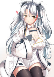 Rule 34 | 1girl, absurdres, antenna hair, azur lane, black gloves, black thighhighs, blush, breasts, brown eyes, cleavage, closed mouth, coat, commentary request, cosplay, dress, feet out of frame, full body, fur-trimmed coat, fur-trimmed sleeves, fur trim, gloves, gradient background, grey background, hair between eyes, heart, highres, kneeling, large breasts, long hair, long sleeves, looking at viewer, moyoron, multicolored hair, no shoes, open clothes, open coat, pamiat merkuria (azur lane), pamiat merkuria (azur lane) (cosplay), parted bangs, prinz eugen (azur lane), red hair, shadow, silver hair, sleeves past wrists, smile, solo, streaked hair, thighhighs, two side up, very long hair, white background, white coat, white dress, wide sleeves