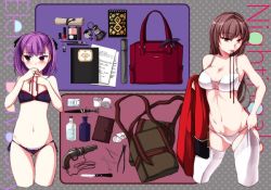 Rule 34 | 2girls, bag, blush, bra, breasts, brown hair, character name, cleavage, unworn clothes, dagger, fate/grand order, fate (series), flat chest, florence nightingale (fate), gun, hair ribbon, handbag, handgun, helena blavatsky (fate), knife, lace, lace-trimmed bra, lace-trimmed legwear, lace-trimmed panties, lace trim, large breasts, lingerie, long hair, looking at viewer, looking away, md5 mismatch, mouth hold, multiple girls, navel, notebook, panties, pistol, purple bra, purple eyes, purple hair, purple panties, red eyes, resized, resolution mismatch, ribbon, ribbon in mouth, shoulder bag, side-tie panties, source larger, teramoto kaoru, text background, text focus, thighhighs, underwear, underwear only, weapon, white bra, white panties